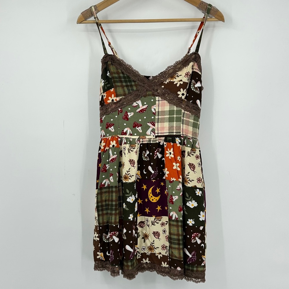 Thorn & Fable Autumn Floral Mushroom Patchwork Mini Dress Brown Green MD